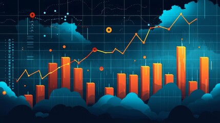 Recession forecast, stormy economic outlook with declining charts, flat design illustration