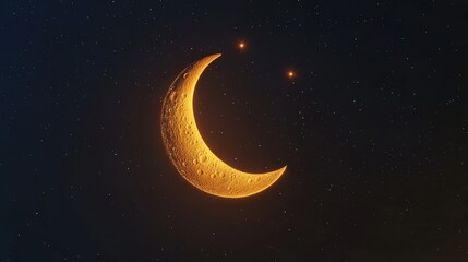 Fototapeta premium A glowing crescent moon arcs gracefully in the night sky, accompanied by shimmering stars, creating a peaceful celestial display