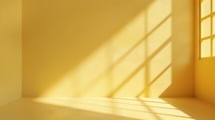 Sunlight streams through a window in a bright yellow room, casting long shadows on the walls and floor. The warm light creates a calming and inviting atmosphere.