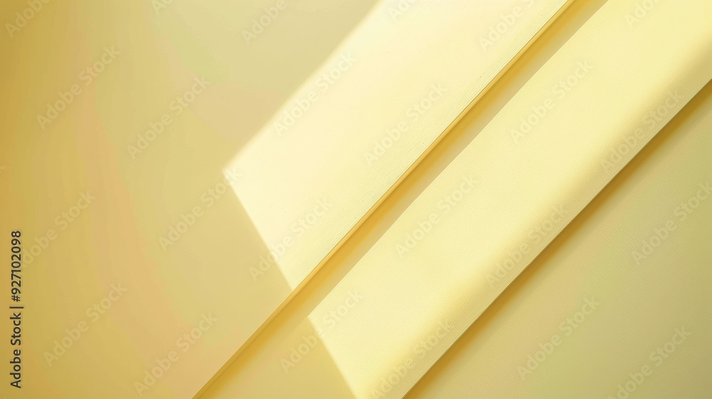 Poster Sunlight streams through blinds, casting abstract shapes and shadows on a yellow wall. The light creates a warm and inviting atmosphere.