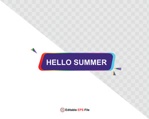 Hello summer button, sun and sale. Vector minimalistic illustration of sun rays, swimming pool with sun lounger and umbrella and tropical palm leaf, orange and sea beach with sand for background