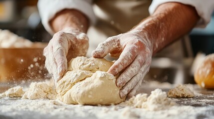 Fototapeta premium Baker Kneading Dough on Flour-Dusted Surface