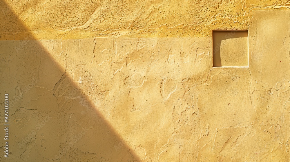 Aufkleber A yellow textured wall with a single recessed square. The wall is illuminated by a bright light source casting a diagonal shadow across the surface.