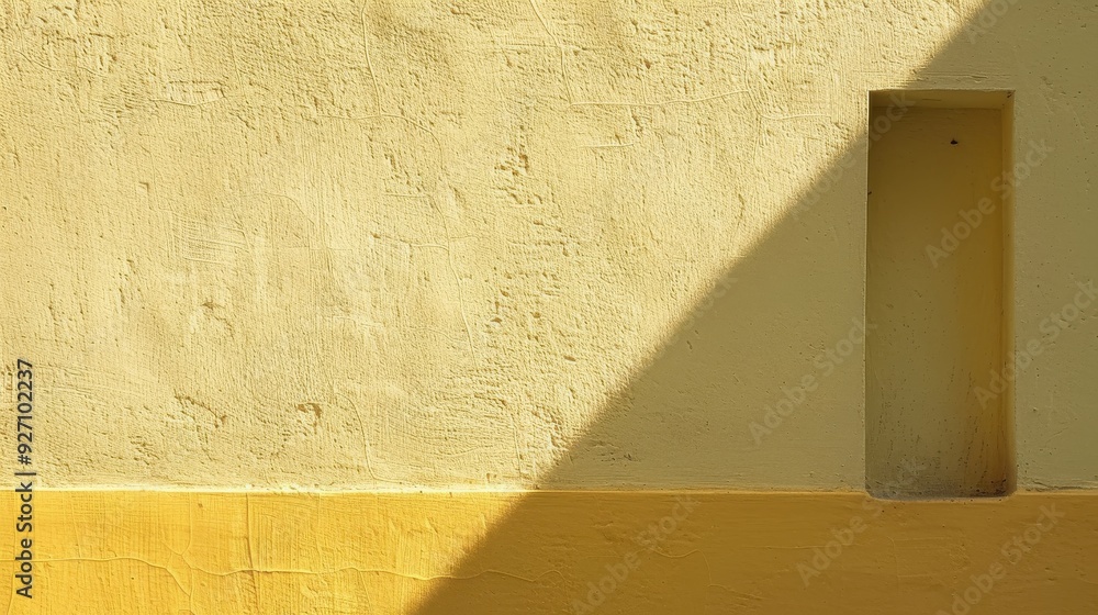 Poster A close-up shot of a yellow wall, textured with a rough, plaster-like finish. A rectangular window opening is recessed into the wall, creating a dark shadow. Sunlight casts a diagonal shadow on the wa