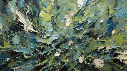 Abstract splatter paint in shades of green and blue, chaotic and energet