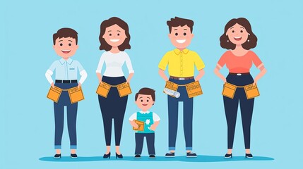 Obraz premium Recession survival, family budgeting with tightened belts, flat design illustration