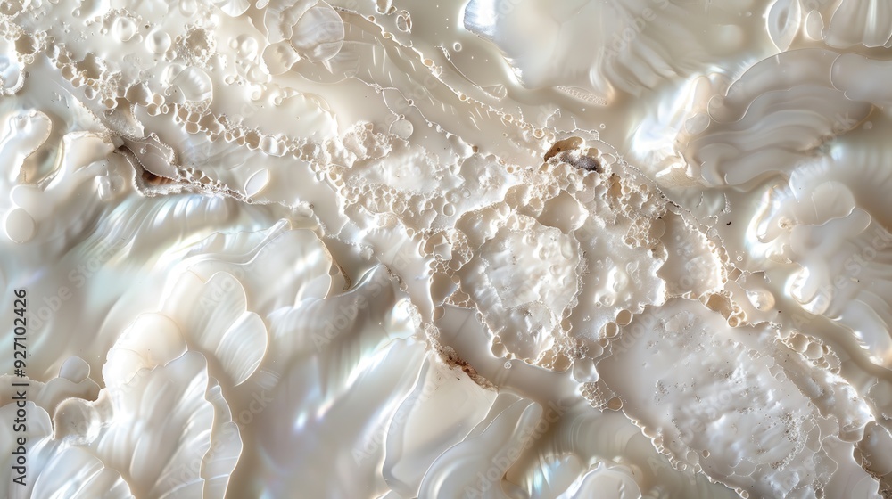 Poster The image shows a close-up texture of a white mother of pearl shell. It has an iridescent sheen and a layered, textured pattern. The surface of the shell appears smooth in some areas and rough in othe