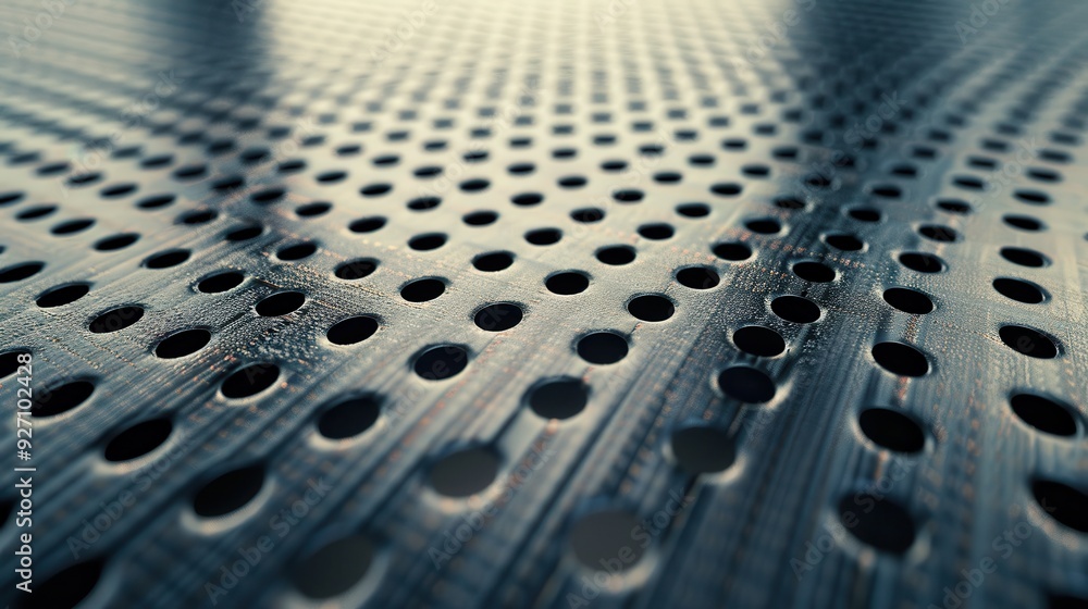 Poster A close-up view of a metal sheet with circular holes, photographed from a low angle, creating a perspective that makes the holes appear to be a grid. The metal surface has a subtle sheen and the light