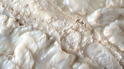 The image shows a close-up texture of a white mother of pearl shell. It has an iridescent sheen and a layered, textured pattern. The surface of the shell appears smooth in some areas and rough in othe