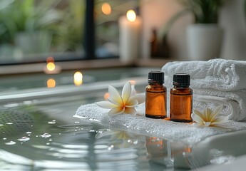 Two bottles of essential oils are on a towel next to a bathtub filled with water