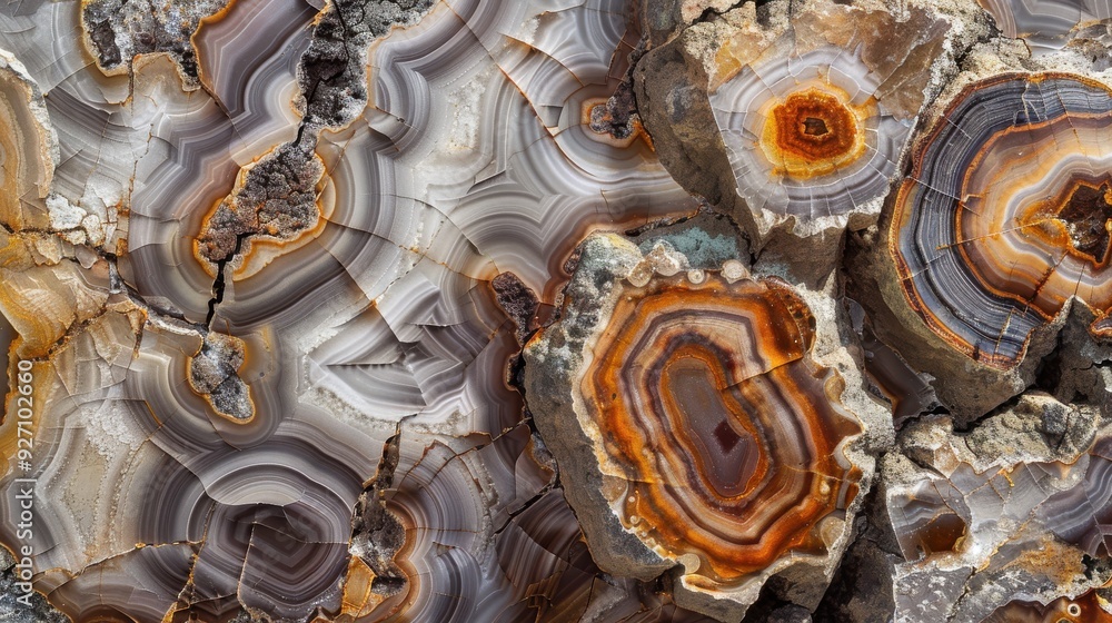 Poster a close up view of a collection of agate geodes, revealing their intricate, concentric bands of colo