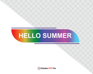 Hello summer button, sun and sale. Vector minimalistic illustration of sun rays, swimming pool with sun lounger and umbrella and tropical palm leaf, orange and sea beach with sand for background