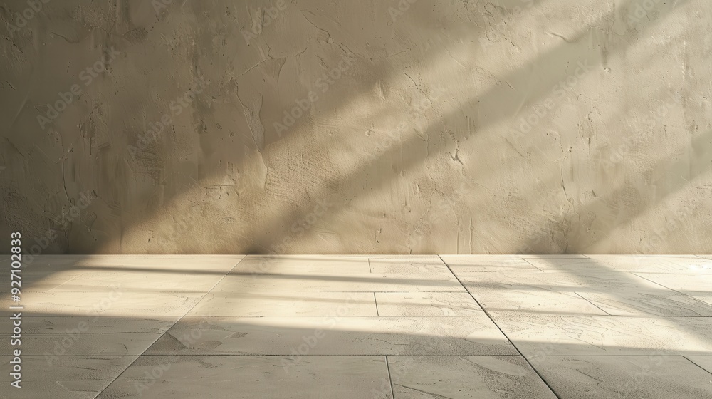 Aufkleber Sunlight casts long, thin shadows on a textured concrete wall and tiled floor. The light creates a pattern of vertical lines across the surface.