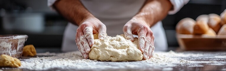 Fototapeta premium Baker Kneading Dough on Flour-Dusted Surface