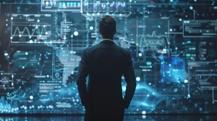 Engaged businessman analyzing data on futuristic digital screen in office setting