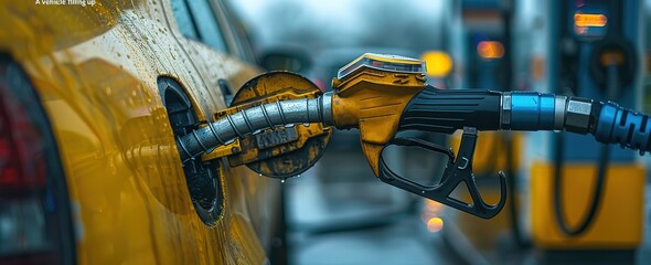 A yellow car is being filled with gas at a gas station