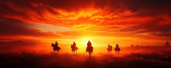 A picturesque scene of horseback riders silhouetted against a dramatic sunset in a misty field, evokes a sense of adventure and timeless beauty.