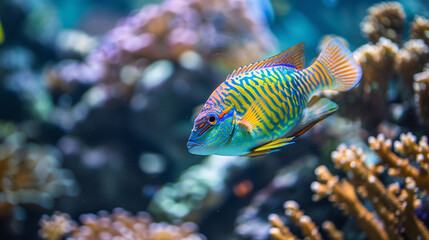 Obraz premium A vibrant tropical fish swimming gracefully through coral reefs, with bright colors reflecting the sunlight