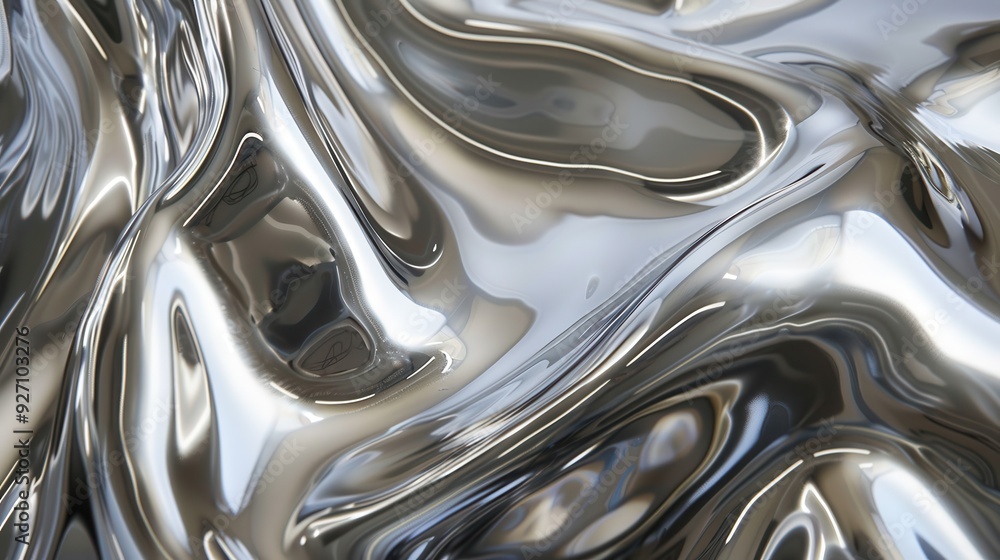 Aufkleber A close-up photograph of a metallic surface, shimmering and reflecting light. The surface is wavy and undulating, creating a dynamic, abstract pattern. The material appears smooth and polished, creati