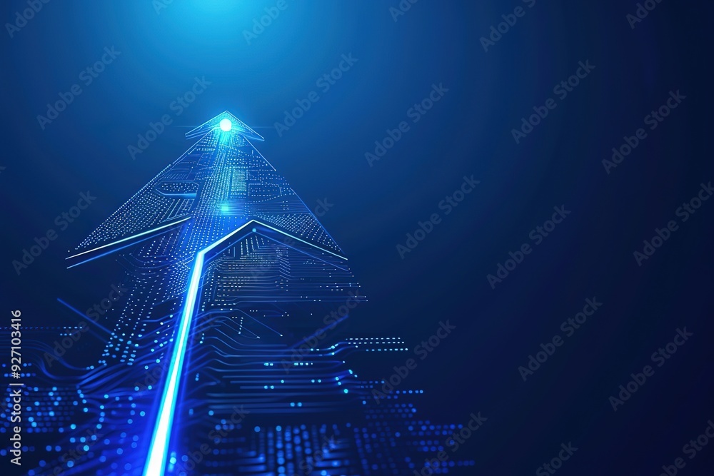 Poster a blue and white image of a computer chip with a blue arrow pointing upwards