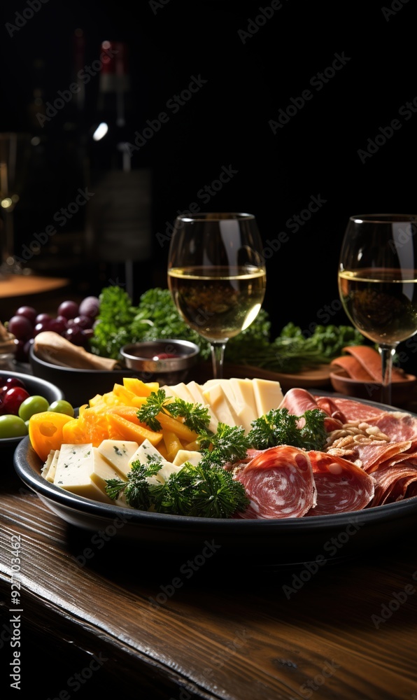 Wall mural Mediterranean antipasto plate on black background. 