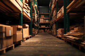 Naklejka premium A well-organized warehouse aisle filled with cardboard boxes and wooden pallets, showcasing efficient storage and logistics management.