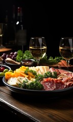 Mediterranean antipasto plate on black background. 