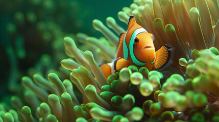 A pair of clownfish nestled among sea anemones, their bright orange and white stripes contrasting with the green tentacles