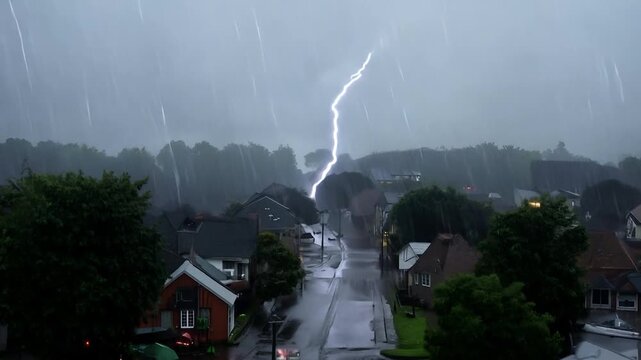 Lightning striking over residential neighborhood during heavy rain