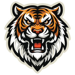 Fierce tiger face illustration in orange and black, sticker bold design, ideal for sports logos
