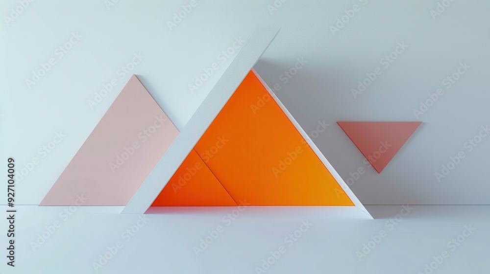 Poster An abstract composition of geometric shapes against a white background. Three triangles are arranged in a way that creates an illusion of depth and dimension. The largest triangle is orange, the secon