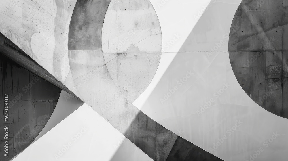 Poster A close-up view of an abstract geometric design on a modern concrete building. The image highlights the use of circular and triangular shapes, with contrasting shades of gray creating a textured and m