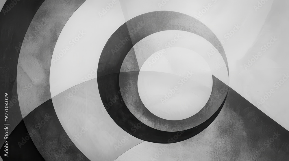 Poster A black and white photograph of a modern architectural design featuring overlapping circular and semi-circular shapes. The pattern creates a sense of depth and visual interest.
