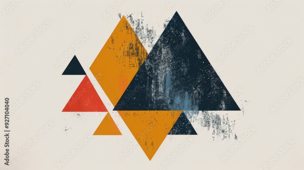 Poster A series of layered triangles in orange, blue, and red colors are displayed on a cream-colored background. The image appears to have a distressed or grunge-like texture. The triangles are arranged in 