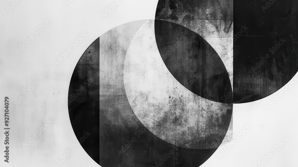 Poster Three overlapping black circles with a textured, distressed look are set against a white background, creating an abstract minimalist design.