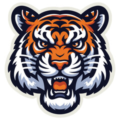 Stylized angry tiger head illustration in orange, black, and white colors, logo design