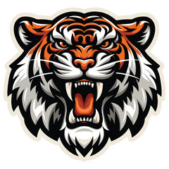 Fototapeta premium Roaring tiger head illustration in bold colors, fierce and intense, animal logo or mascot design