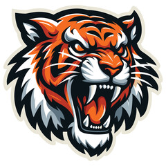 Fierce tiger head vector illustration, vibrant orange and white colors, sports logo design
