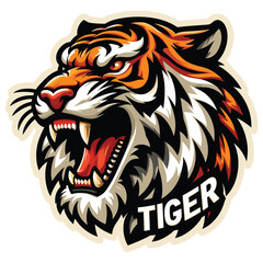 Fierce roaring tiger illustration, vibrant orange and white, perfect for sports logo or icon