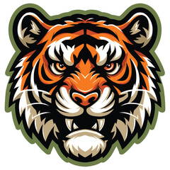 Fierce tiger head vector illustration in orange, black and white, logo design for branding