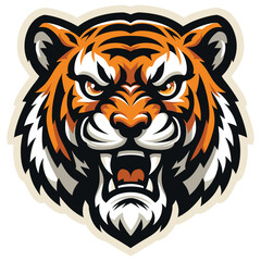 Fierce tiger head graphic stylized art in orange black and white, sports team mascot logo