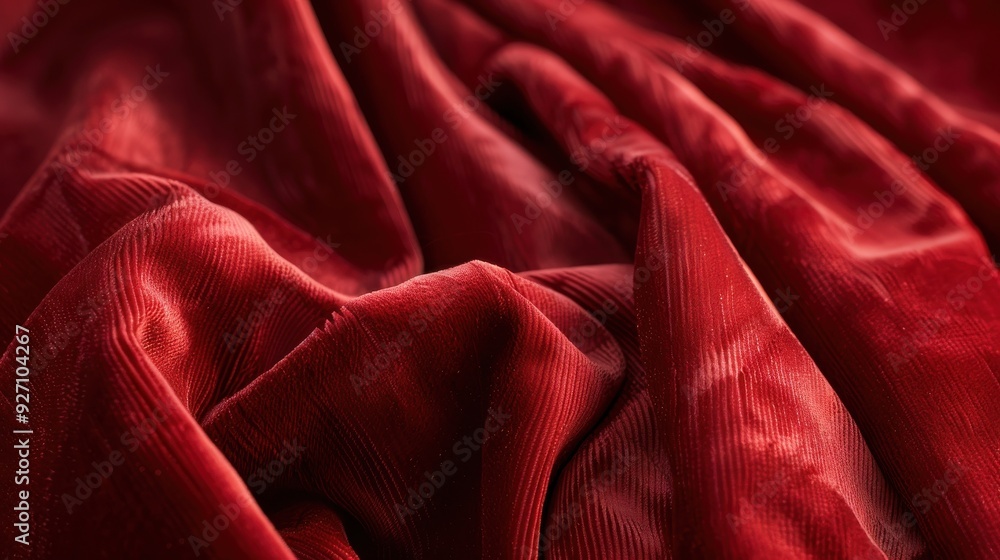 Poster A close-up image of red corduroy fabric, with a soft and textured surface. The fabric is draped and folded, creating a dynamic and interesting composition.
