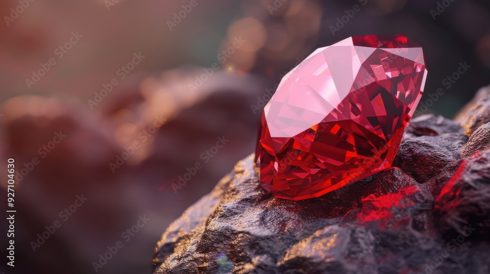 Poster a large, polished, and faceted ruby gemstone with a deep red hue sits on a piece of rough rock. the 