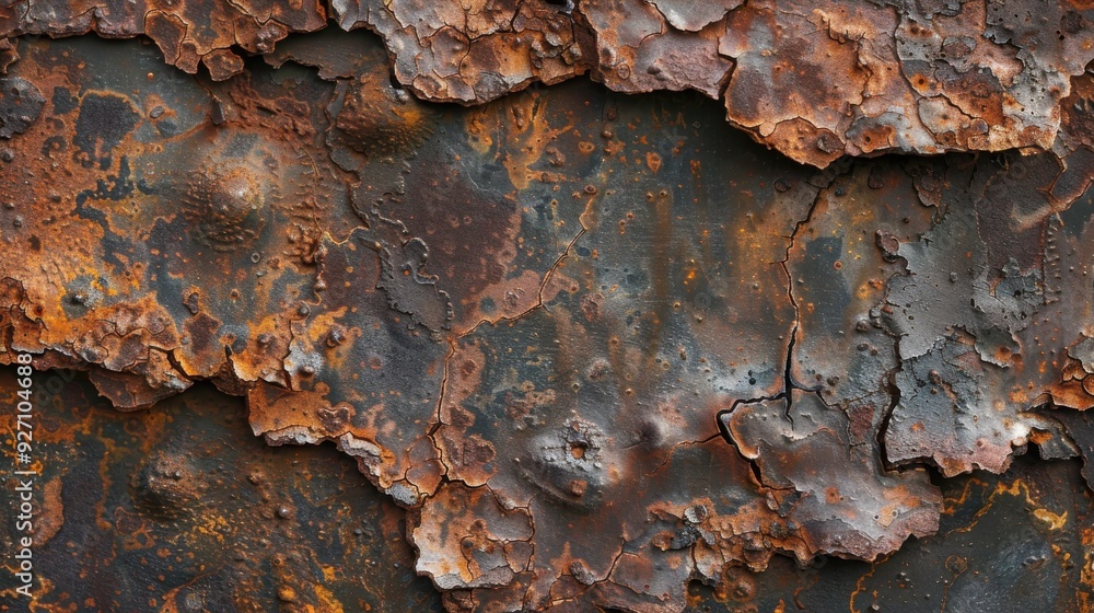 Poster the image shows a close-up view of a rusted metal surface. the metal is covered in brown and orange 