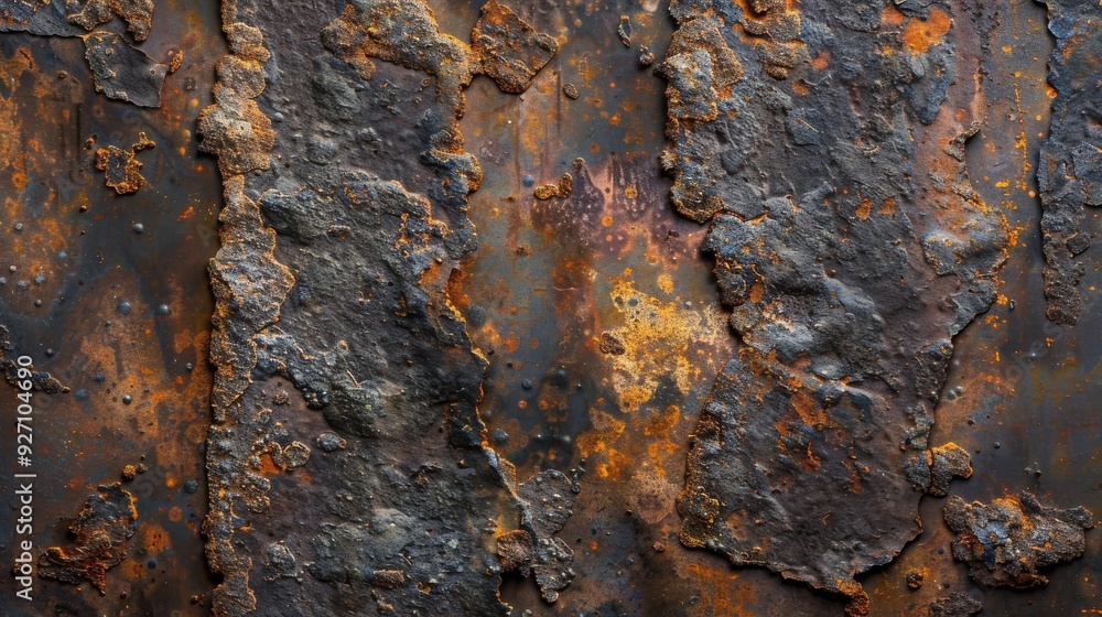 Poster The image shows a close-up view of a rusted metal surface. The metal is heavily corroded, with patches of rust and oxidation visible. The surface is uneven and textured, with deep grooves and cracks.