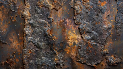 The image shows a close-up view of a rusted metal surface. The metal is heavily corroded, with patches of rust and oxidation visible. The surface is uneven and textured, with deep grooves and cracks.