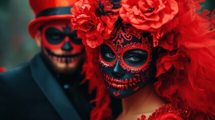 Couple in vibrant red Day of the Dead costumes with intricate face paint and floral headpieces, embracing tradition and celebration.