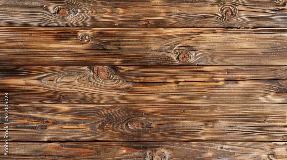 Poster A close-up view of a weathered brown wooden surface, with visible knots and grain patterns. The planks are arranged horizontally, creating a rustic and natural background. The texture is perfect for u