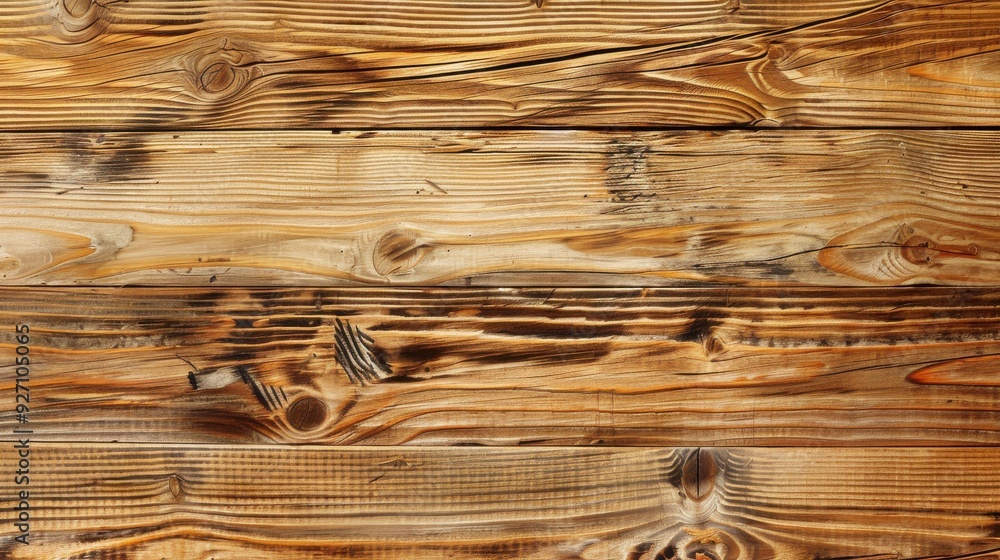 Poster a close-up view of a wooden surface, featuring four weathered planks arranged horizontally. the wood