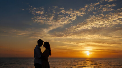 Fototapeta premium Silhouette of romantic couple on sunset beach. Generative AI